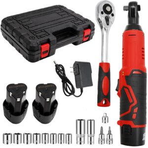 hoypeyfiy 3/8" cordless electric ratchet wrench, 12v 40ft-lbs power ratchet tool kit with 400rpm, 2 packs 2.0ah lithium-ion batteries, 10 sockets, led light