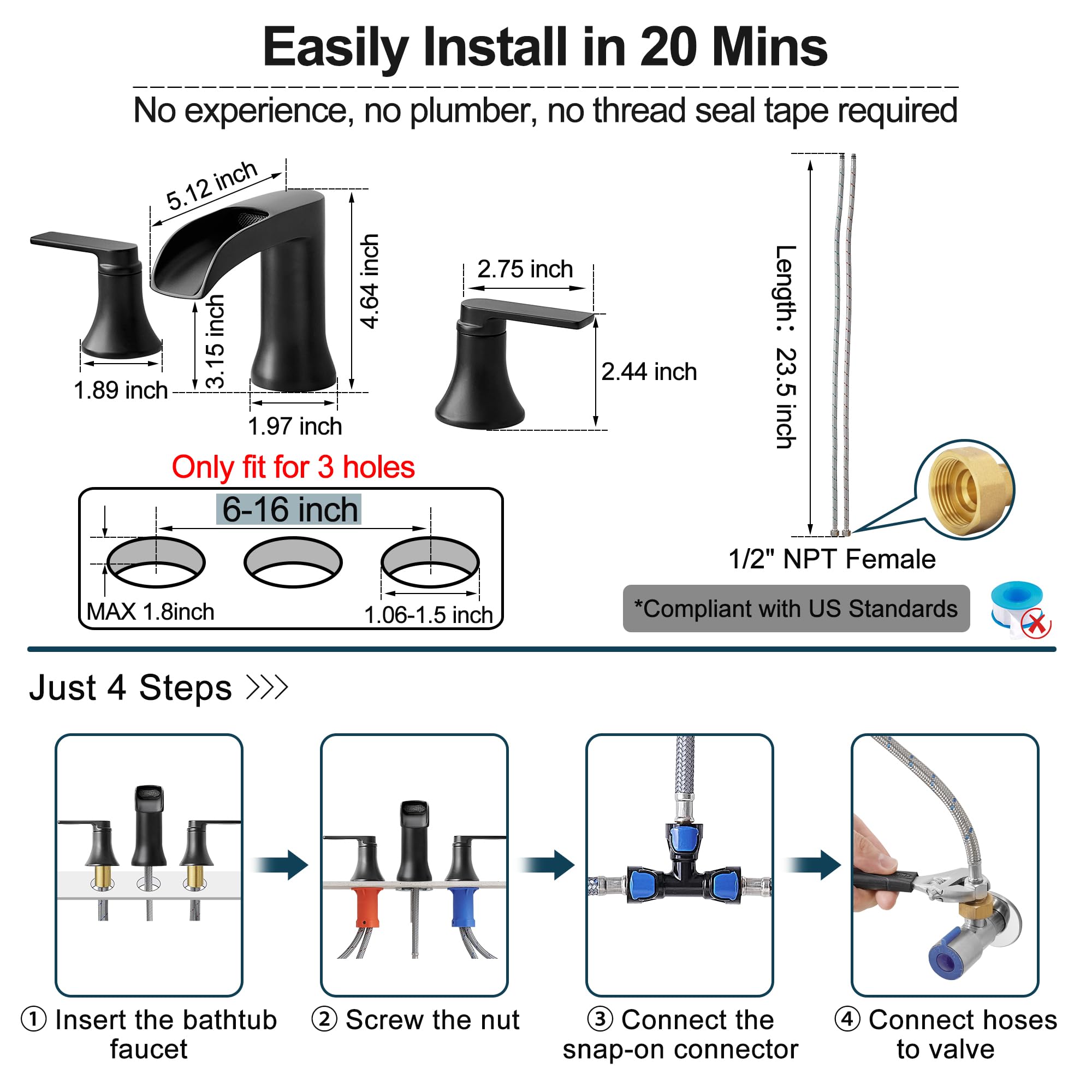 HOIGY Solid Brass Waterfall Bathtub Faucets Set, 3 Hole Matte Black Tub Faucet 2 Handle, High Flow Roman Tub Faucets Widespread 6-16 Inch Deck Mount