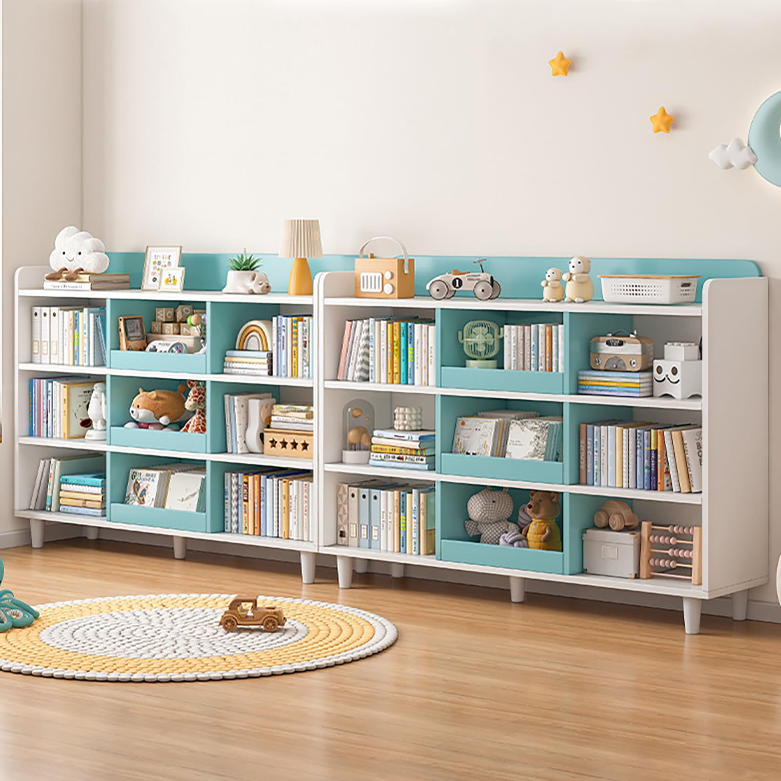 NELYE Wooden Cube Bookcase with Legs - 3-Tier Open Shelf Kidsroom Sorted Storage Cabinet Organizer for Books and Toys, 9-Cube Lattice Cute Cubby Bookshelf in White Mixed Westlake Blue, 55" W