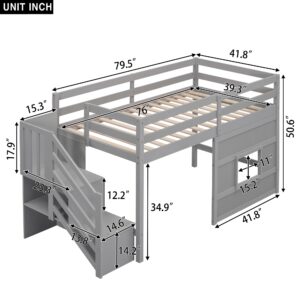 Low Loft Bed with Stairs, Twin Size Storage Loft Bed Frame with Staircase and Window, Wood Kids Loft Bed with Steps for Boys Girls Teens, Gray