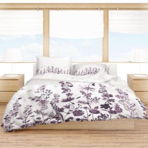 Purpel Floral Duvet Cover Cal. King Size, Pastoral Spring Botanical Dragonfly Summer Flower Comforter Cover with Zipper Closure, 3 Piece Bedding Sets 1 Duvet Cover 90x106 Inches and 2 Pillow Shams