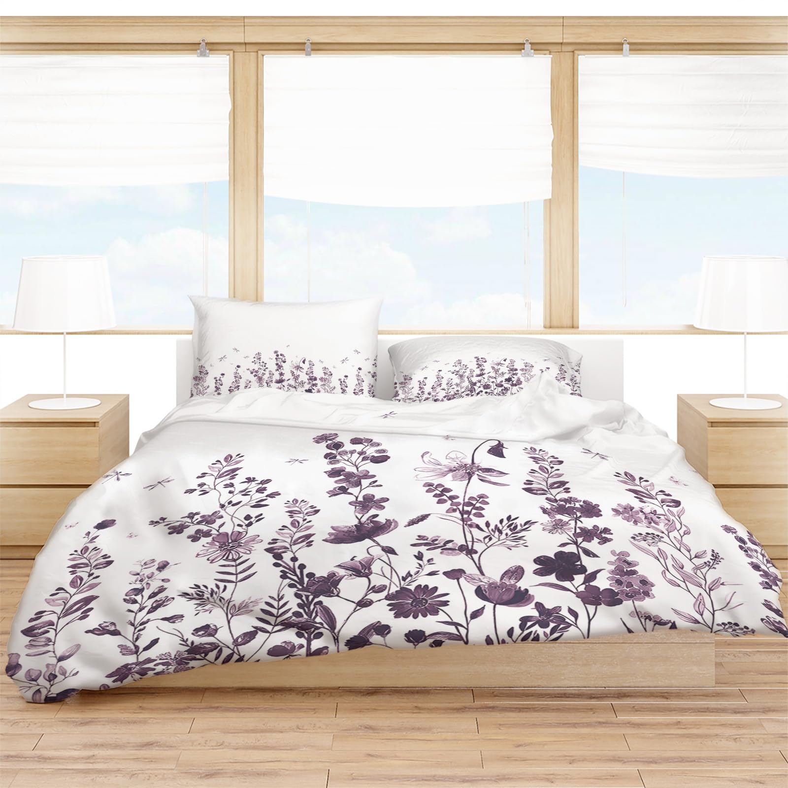 Purpel Floral Duvet Cover Cal. King Size, Pastoral Spring Botanical Dragonfly Summer Flower Comforter Cover with Zipper Closure, 3 Piece Bedding Sets 1 Duvet Cover 90x106 Inches and 2 Pillow Shams