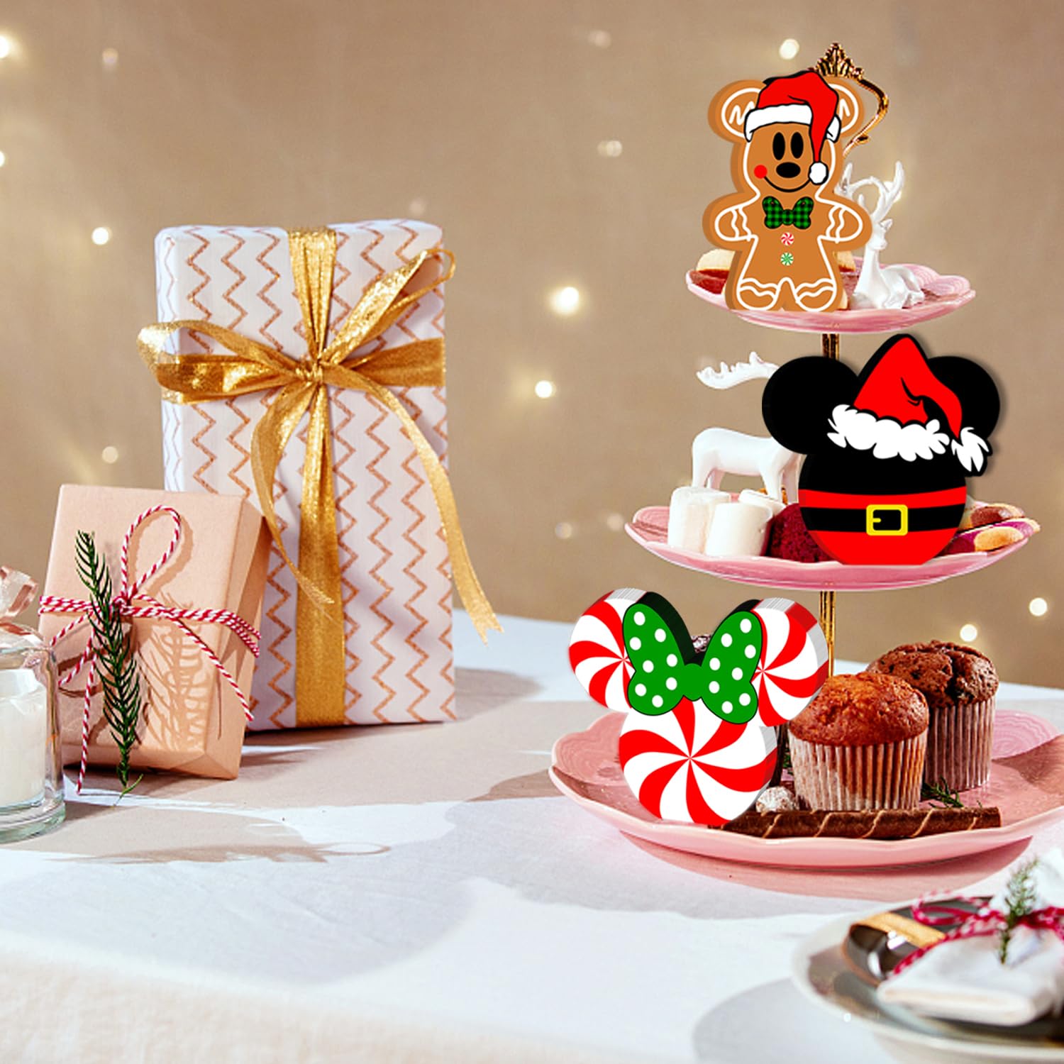 3pcs Mouse Christmas Table Decorations Double-Printed Tiered Tray Sign Xmas Wooden Decor Cute Themed Christmas Home Table Decorations Wood Sign for Winter Holiday Party Supplies