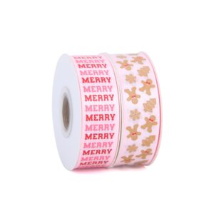 Meseey Gingerbread Ribbon 7/8 Inch 20 Yards Pink Merry Christmas Candy Cane Fabric Craft Ribbon for Christmas Gift Wrapping Wreath Bow DIY Crafts Supplies (Pink Merry Gingerbread)