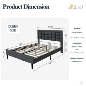 SUNLEI Bed Frame with Square Stitched Button Tufted Headboard, Queen Upholstered Platform Bed with 12" Storage Space & Linen Fabric, Solid Wood Slats Support, No Box Spring Needed, Grey