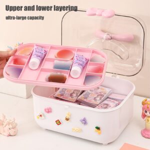 Girls Hair Accessories Storage Box, Cute Hair Accessories Organizer, Jewelry Box with Upper and Lower Layers, Deer Horn Handle, Bow Switch Girls Multipurpose Organizer and Portable Storage Box (Pink)