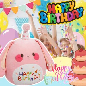 ARELUX Large 18in Cute Bunny Cuddle Plush Soft Bunny Stuffed Animal Birthday Pillow Kids Huggable Rabbit Plushie Toy Big Size Happy Birthday Party Decoration Plushies Gift for Friends Boys Girls Pink