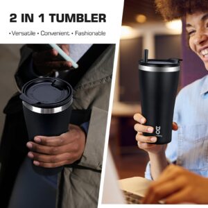 Yawbay Insulated Coffee Tumbler With Built-In Straw, 20 oz Travel Coffee Mug With 2-In-1 Lid, Spill Proof Tumbler With Straw, Stainless Steel Double Wall Vacuum Ice Coffee Thermal Cup (Black)