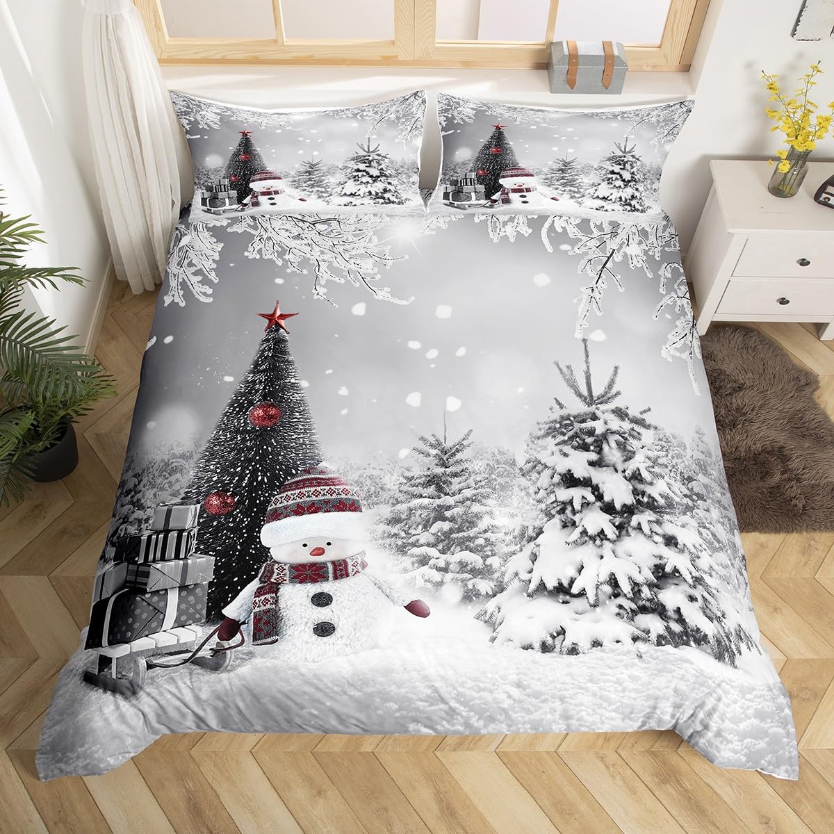 Erosebridal Snowman Bedding Set 3 Piece Happy New Year Xmas Duvet Cover Winter Themed Comforter Cover Merry Christmas Themed Bedspread Cover for Girls Boys Kids Christmas Eve Bedding Queen Size