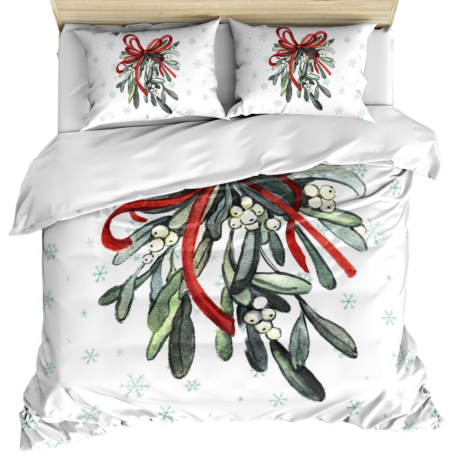 Christmas Duvet Cover Cal. King Size, Watercolor Red Green Botanical Bow Knot Winter Snowflake Comforter Cover with Zipper Closure, 3 Piece Bedding Sets 1 Duvet Cover 90x106 Inches and 2 Pillow Shams