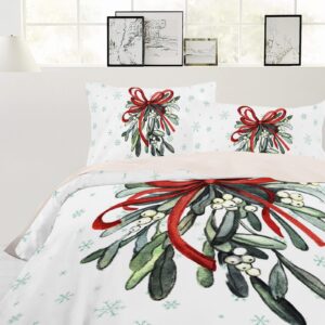 Christmas Duvet Cover Cal. King Size, Watercolor Red Green Botanical Bow Knot Winter Snowflake Comforter Cover with Zipper Closure, 3 Piece Bedding Sets 1 Duvet Cover 90x106 Inches and 2 Pillow Shams