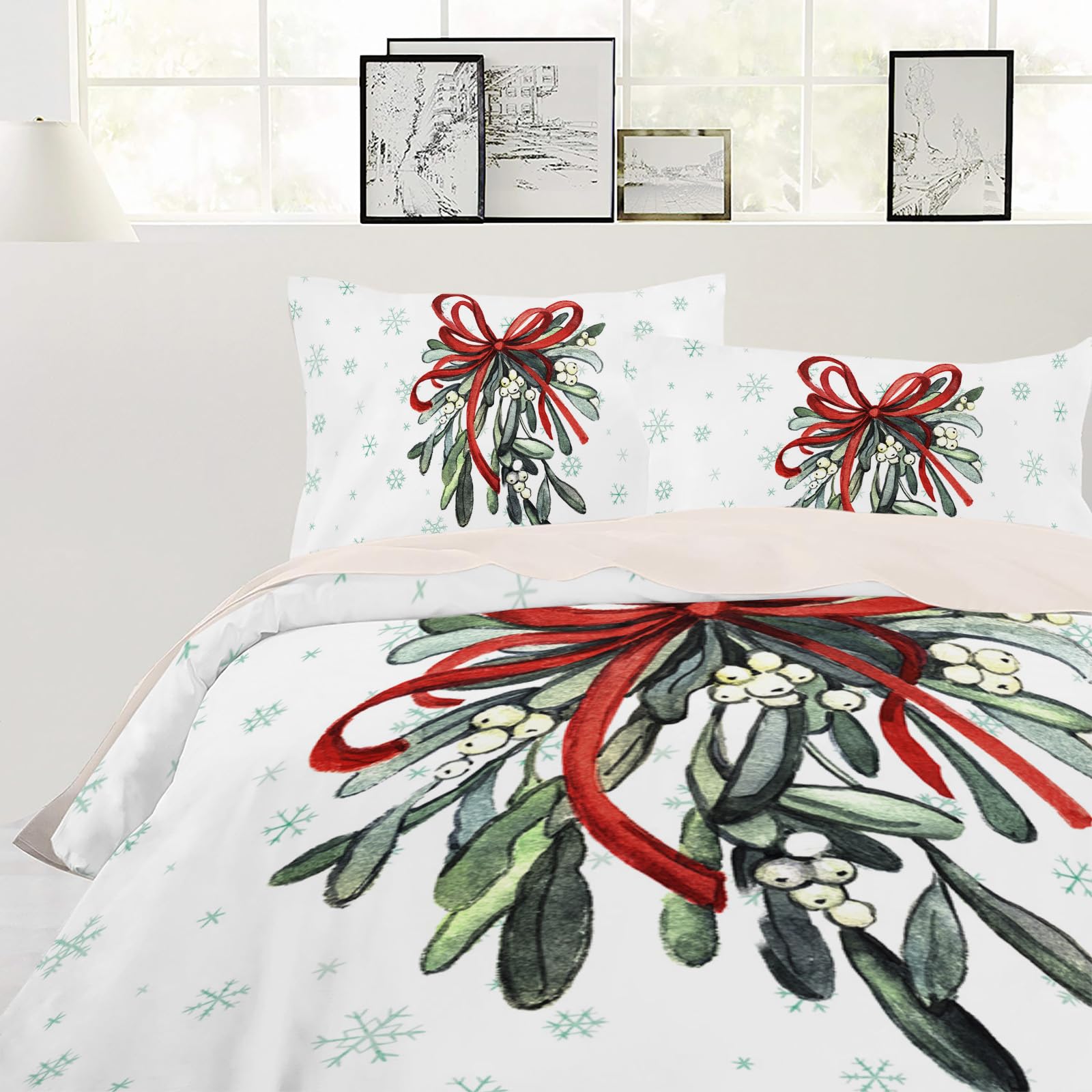 Christmas Duvet Cover Cal. King Size, Watercolor Red Green Botanical Bow Knot Winter Snowflake Comforter Cover with Zipper Closure, 3 Piece Bedding Sets 1 Duvet Cover 90x106 Inches and 2 Pillow Shams