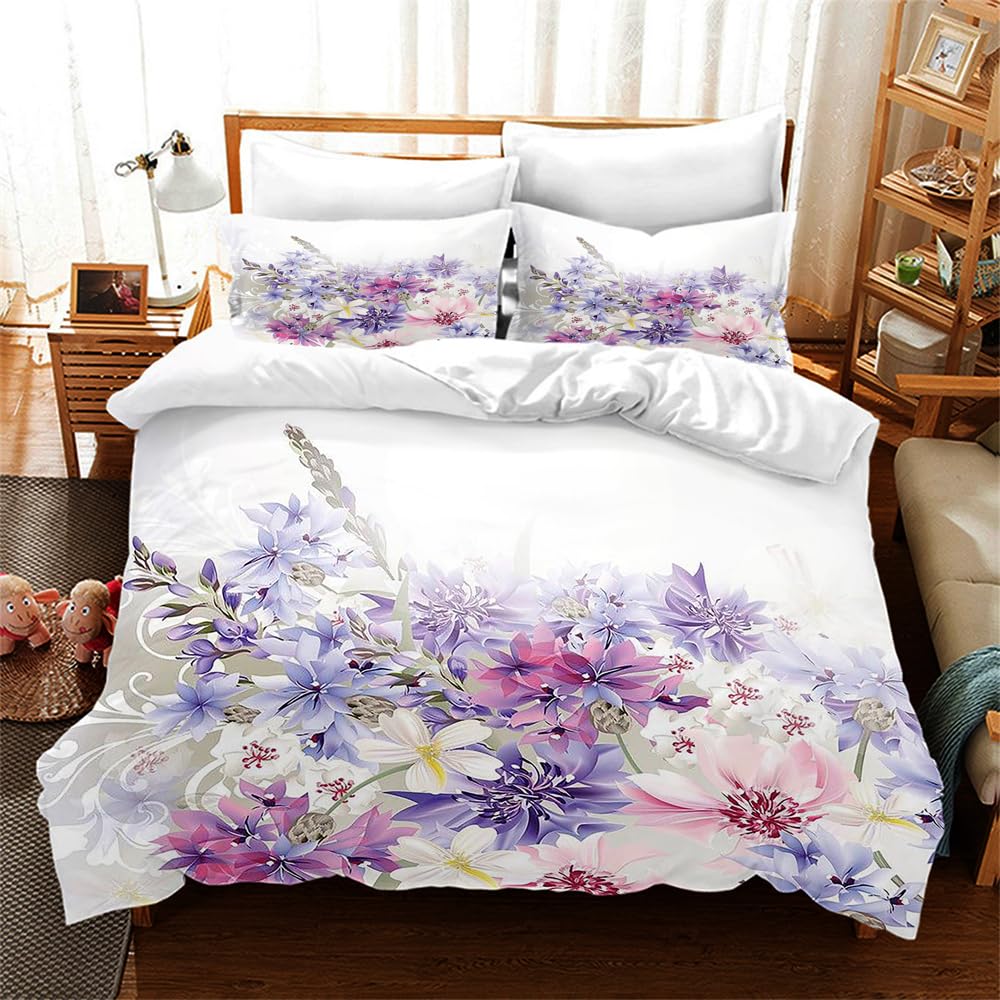 Purple Themed Flower Duvet Cover Set, Vibrant Blooming Bouquet Printed Duvet Cover ,Comfortable And Lightweight 3-piece Bedroom Pillowcase Home Decoration (1 Duvet Cover+2 Pillowcases)-Flower1-King