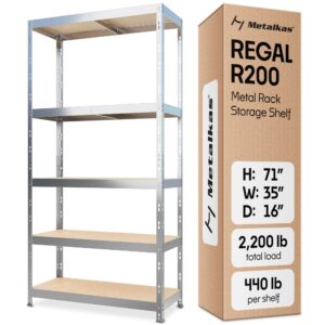 metalkas storage shelves: 5 storage shelves heavy duty w/ 2,200 lb total load capacity, 440 per storage shelf, 71x35x16 perfect solution for your storage needs, adjustable shelving unit