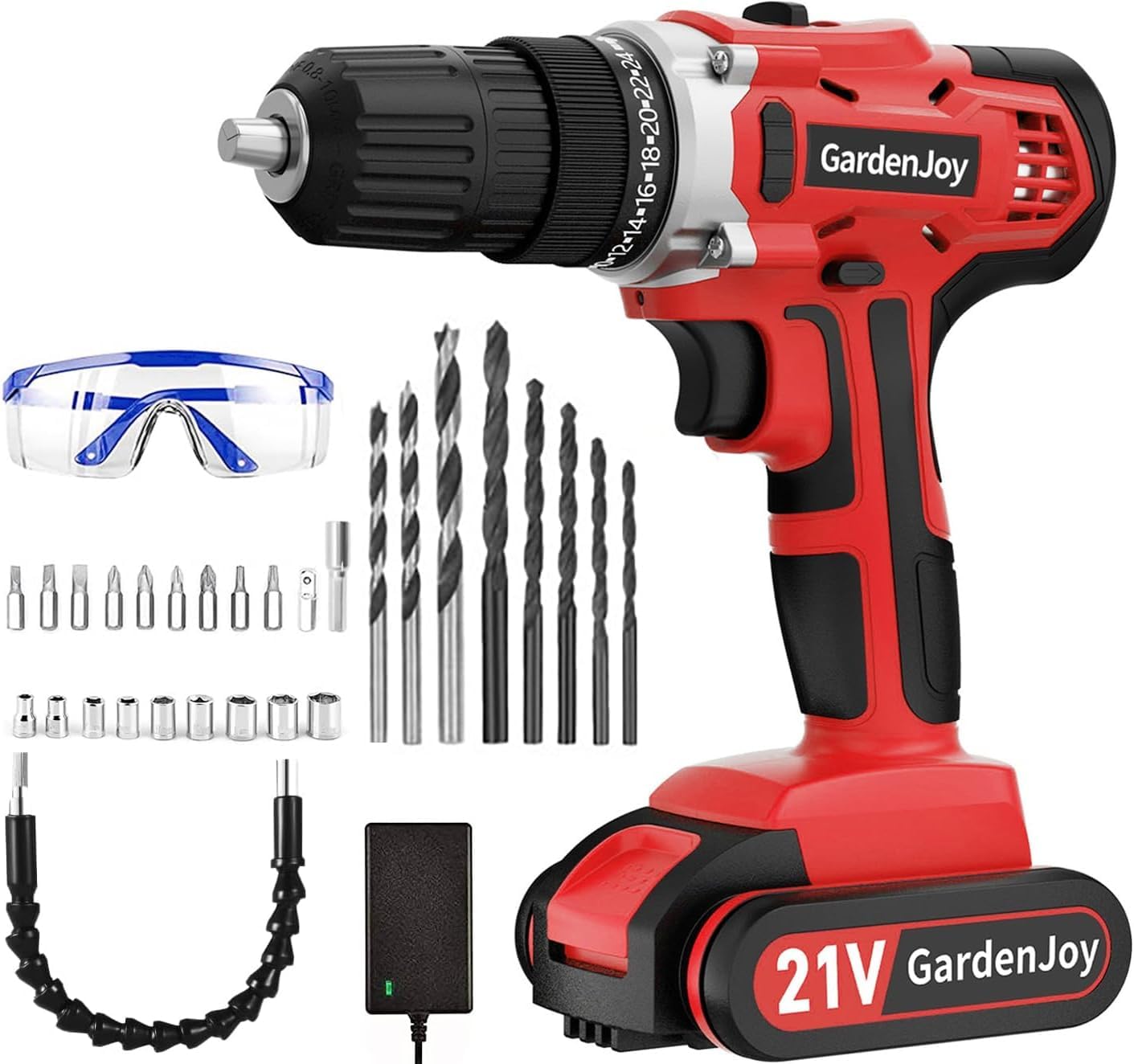 Cordless Power Drill Set - 21V Electric Drill Driver Kit with Battery and Fast Charger, 2 Variable Speed Control, 3/8-Inch Keyless Chuck and 24+1 Torque Setting