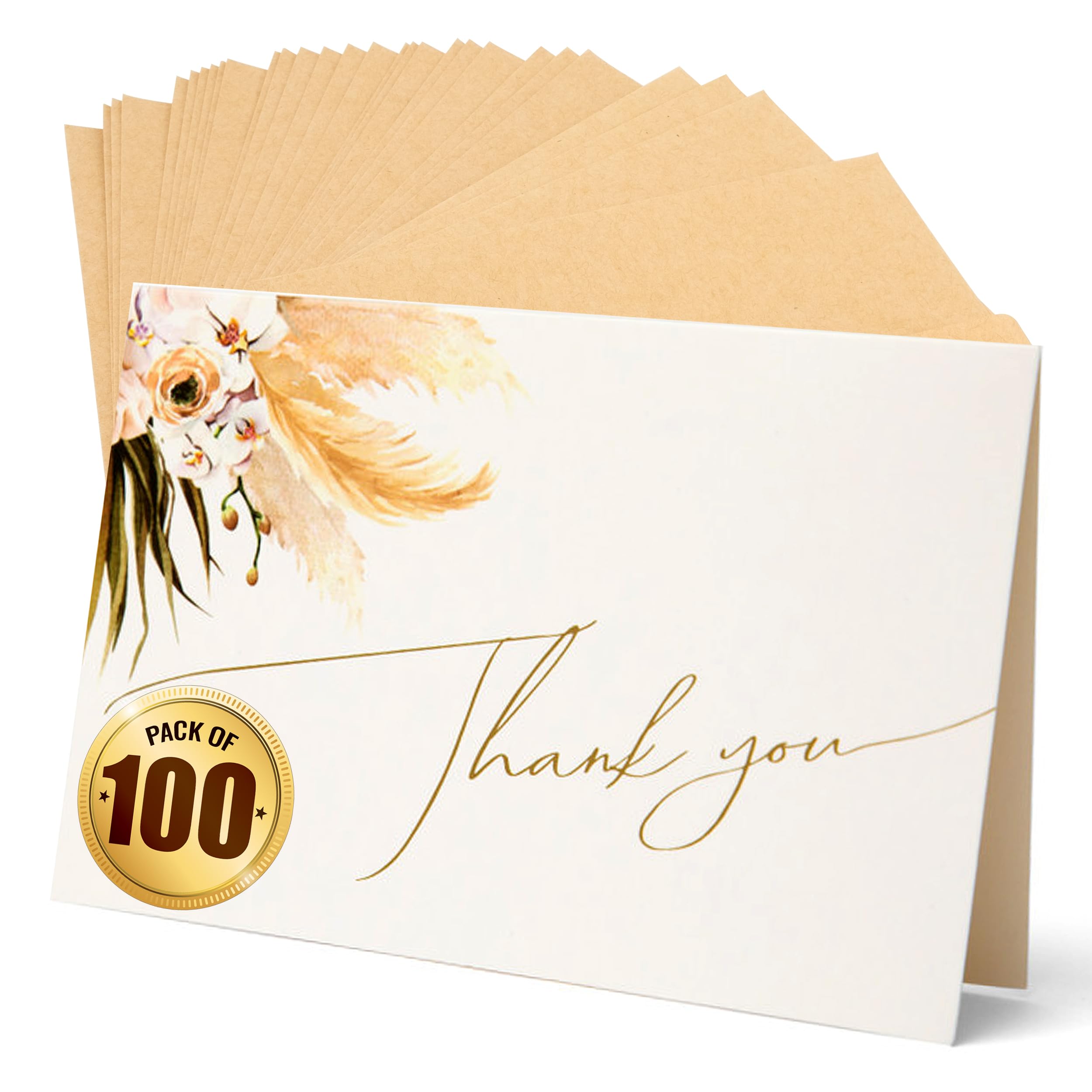 Anna Marie Collections 100 Pack Thank You Cards with Envelopes, Bulk, Boho Floral Design – Bridal Shower, Wedding, Small Business, Baby, Birthday, Graduation – All Occasions, Blank, 4x6