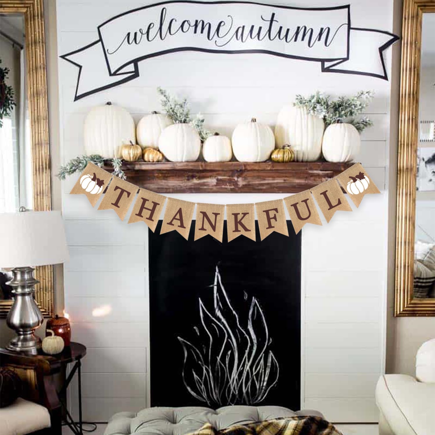 Thankful Banner Holiday Decorations Fall Mantel Garland Rustic Harvest Autumn White Pumpkin