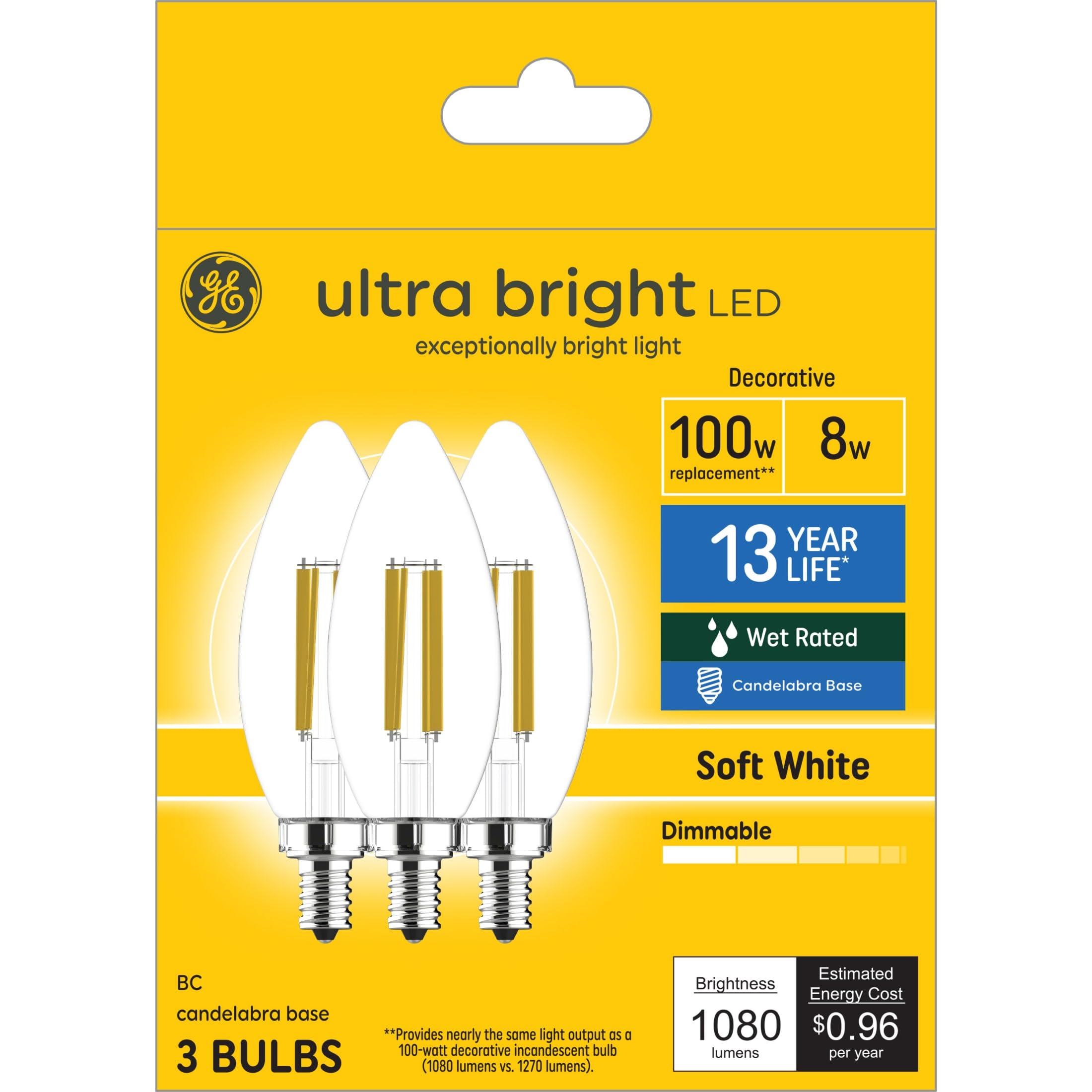 GE Ultra Bright LED Light Bulbs, 100W, Soft White Candle Lights, Clear Decorative B12 Light Bulbs (3 Pack)