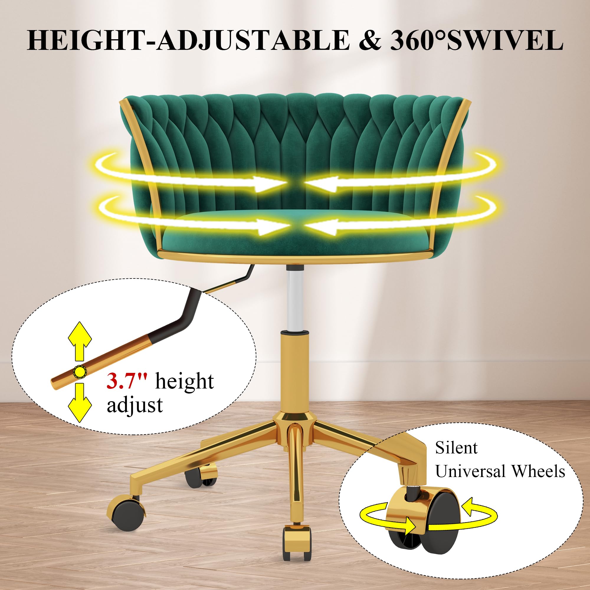 GOOLON Velvet Desk Chair, Modern Office Chair with Wheels, Home Swivel Vanity Armchair with Woven Back Comfy Height Adjustable Seat Sturdy Golden Metal Rolling Base for Makeup Bedroom, Dark Green