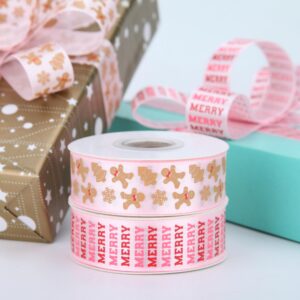 Meseey Gingerbread Ribbon 7/8 Inch 20 Yards Pink Merry Christmas Candy Cane Fabric Craft Ribbon for Christmas Gift Wrapping Wreath Bow DIY Crafts Supplies (Pink Merry Gingerbread)