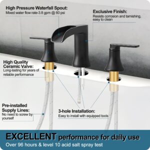 HOIGY Solid Brass Waterfall Bathtub Faucets Set, 3 Hole Matte Black Tub Faucet 2 Handle, High Flow Roman Tub Faucets Widespread 6-16 Inch Deck Mount