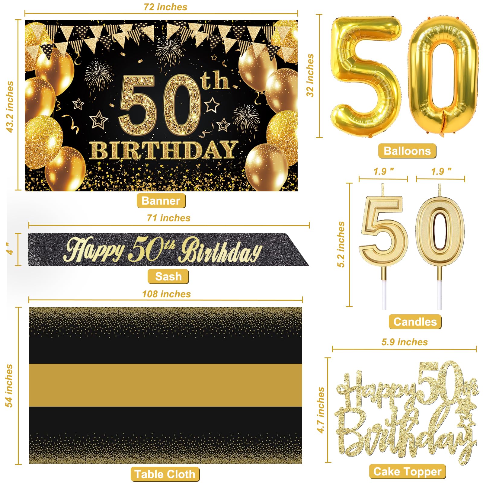 50th Birthday Decorations Men Women with 50th Birthday Banner, Black and Gold Table Cloth, 50 Number Balloons, 50th Birthday Sash, 50th Birthday Cake Topper and 50th Birthday Candles