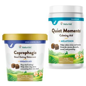 naturvet – coprophagia stool eating deterrent plus breath aid – 70 soft chews & quiet moments calming aid – helps promote relaxation, reduce stress, storm anxiety, motion sickness for dogs – 70 ct.