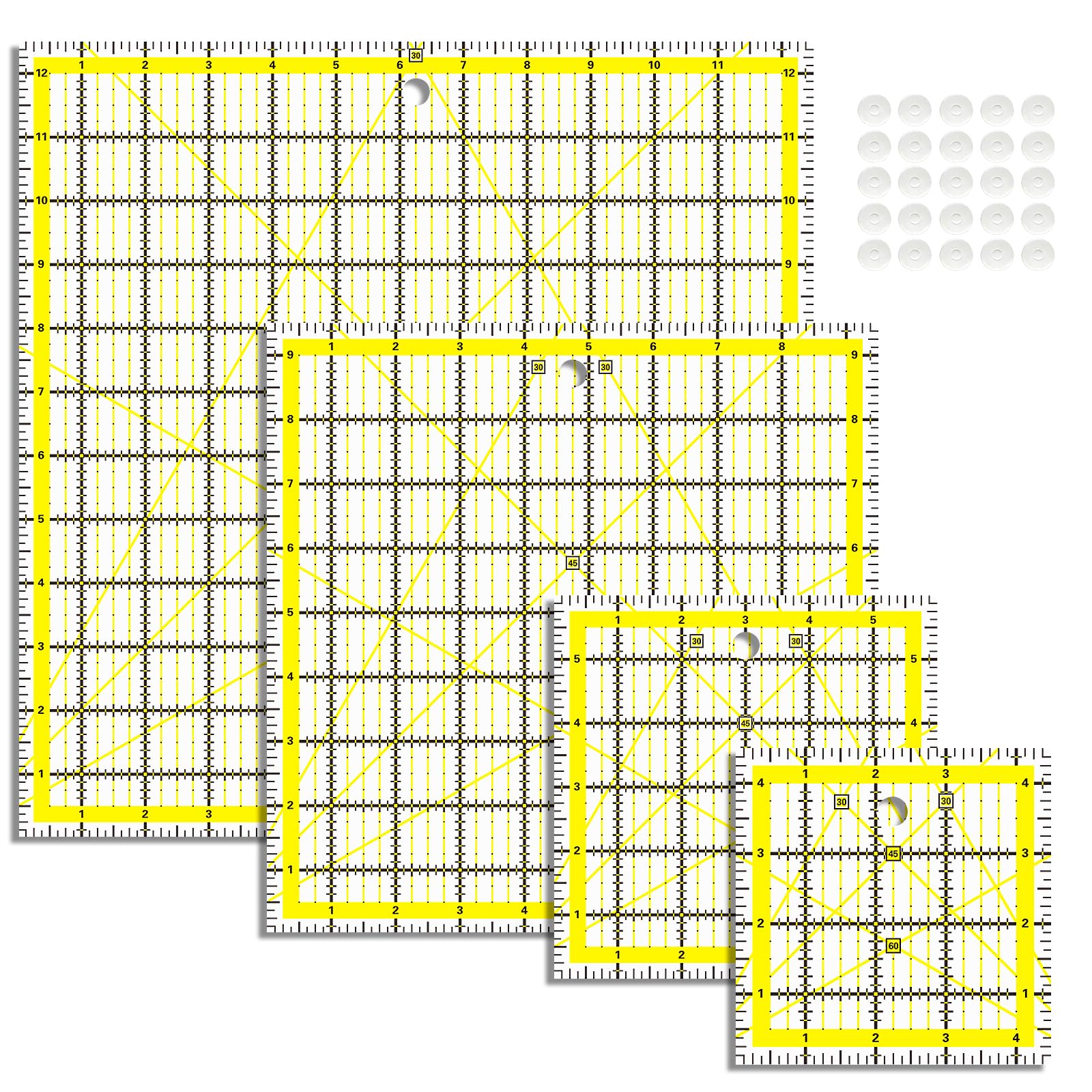 VPVPV 4 Piece Quilting Ruler,Acrylic Square Ruler,Quilting Templates,with Non Slip Rings 25 Pieces（4.5“X4.5”、6“X6”、9.5“X9.5”、12.5“X12.5”） (Yellow)