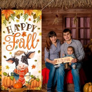 Happy Fall Door Cover Fall Party Decorations Baby Cow with Scarf Fall Festival Decorations Pumpkin Door Banner for Autumn Harvest Thanksgiving Party Supplies