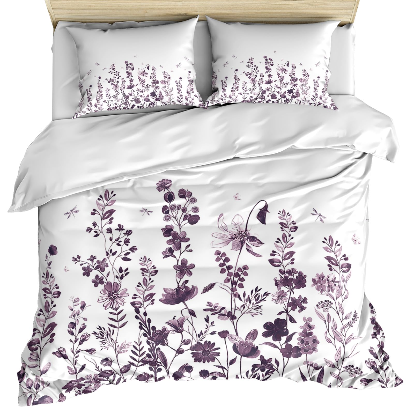 Purpel Floral Duvet Cover Cal. King Size, Pastoral Spring Botanical Dragonfly Summer Flower Comforter Cover with Zipper Closure, 3 Piece Bedding Sets 1 Duvet Cover 90x106 Inches and 2 Pillow Shams