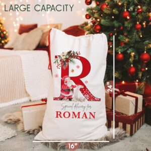 Custom Initial Christmas Santa Sack, Personalized Xmas Gift Pouch, Monogrammed Drawstring Bag