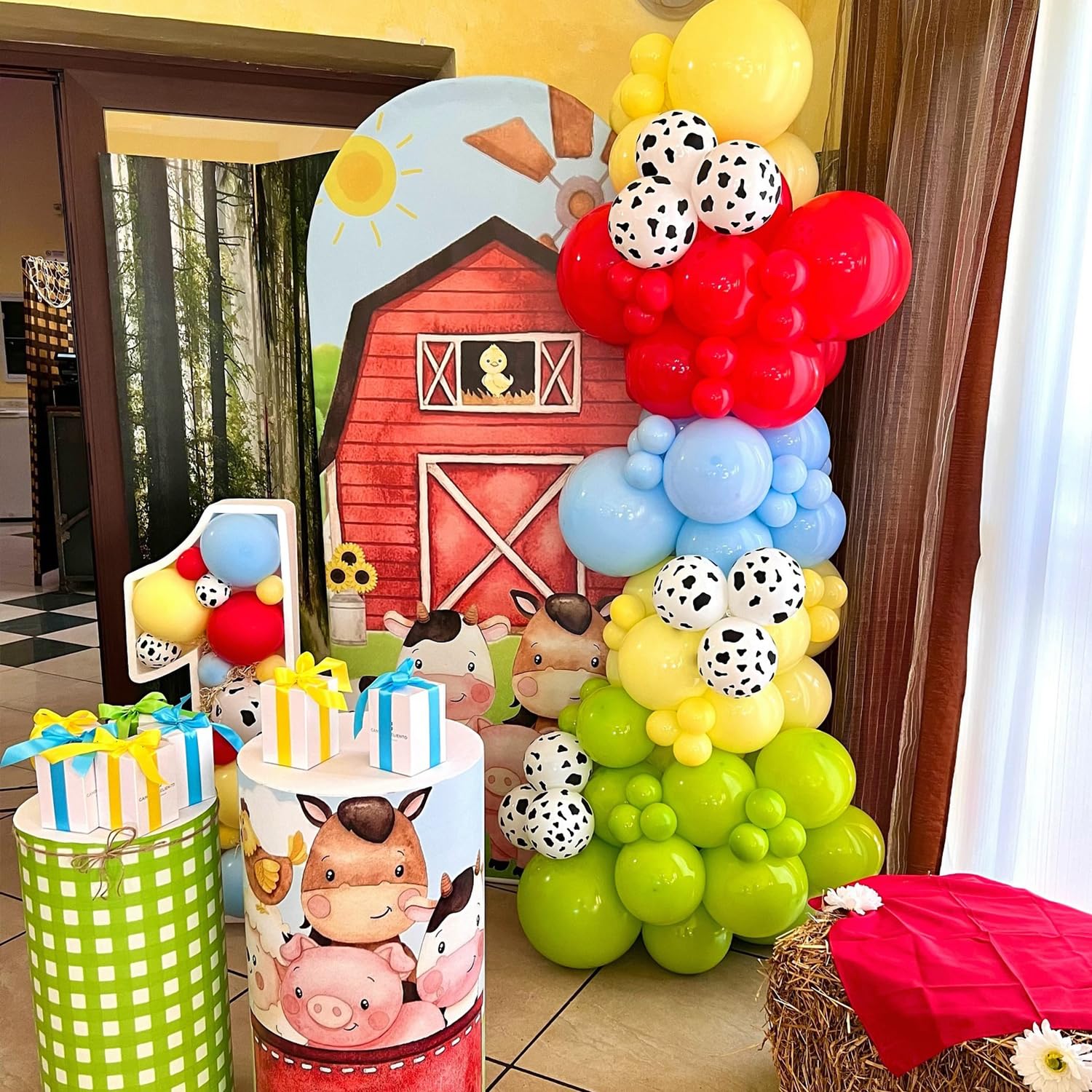 138Pcs Cow Balloon Arch Garland Kit Farm Animals Party Decorations Red Yellow Blue Green Animal Print Balloons for Farmhouse Barn Birthday Country Western Cowboy Baby Shower Party Supplies