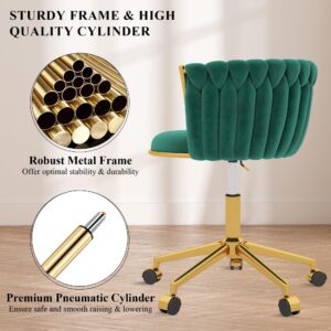 GOOLON Velvet Desk Chair, Modern Office Chair with Wheels, Home Swivel Vanity Armchair with Woven Back Comfy Height Adjustable Seat Sturdy Golden Metal Rolling Base for Makeup Bedroom, Dark Green