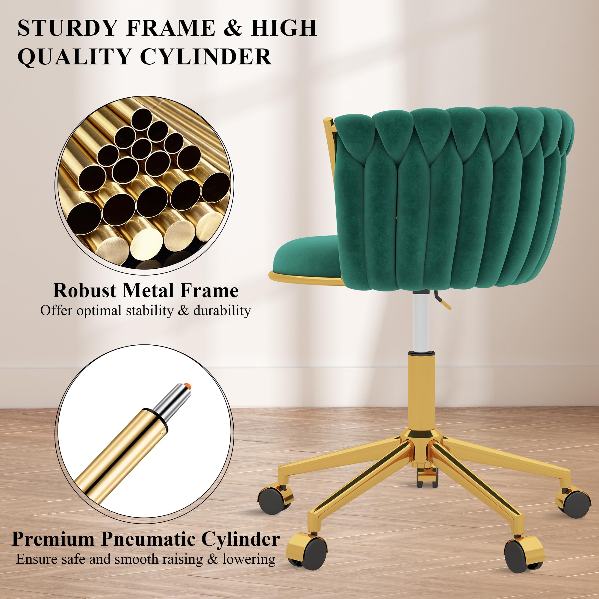 GOOLON Velvet Desk Chair, Modern Office Chair with Wheels, Home Swivel Vanity Armchair with Woven Back Comfy Height Adjustable Seat Sturdy Golden Metal Rolling Base for Makeup Bedroom, Dark Green