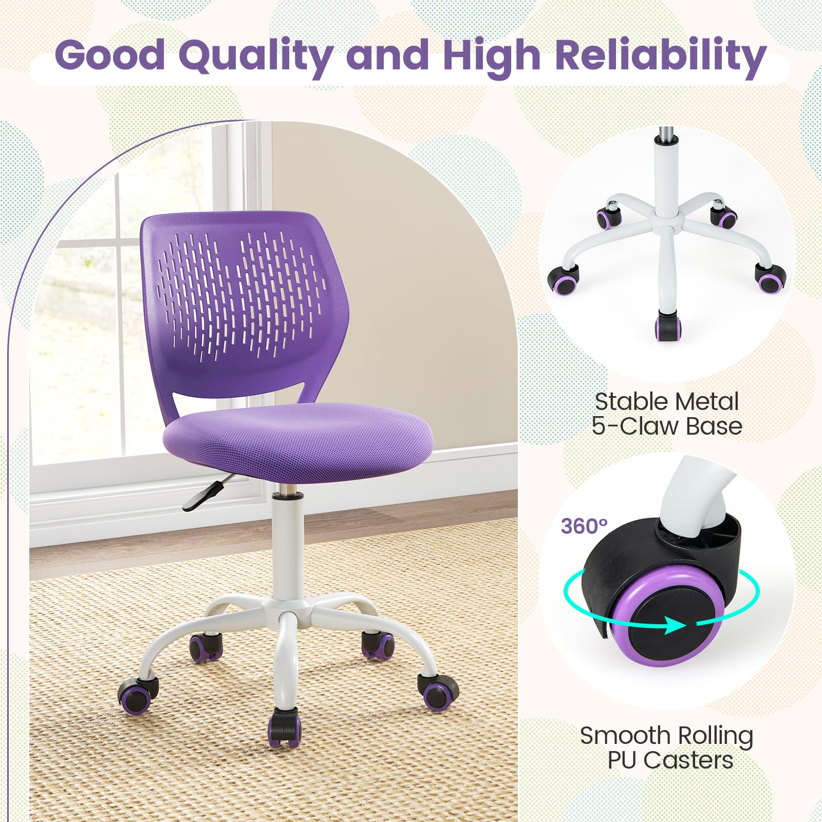 Giantex Kids Desk Chair, Children Armless Study Chair with Adjustable Height, Ergonomic Kids Office Chair with Wheels, Rolling Swivel Mesh Task Desk Chair for Girls Boys Teens, Purple