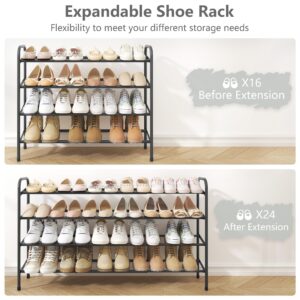 Gewudraw 4-Tier Shoe Rack Expandable, Width Adjustable Shoe Shelf Storage Organizer, 41.53'' Metal Standing Shoe Rack for Bedroom Entryway Closet, Holds up to 24 Pairs Shoes, Black