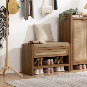 SICOTAS Rattan Shoe Bench Entryway Bench with Storage Drawer and Linen Seat Cushion, Farmhouse Boho Shoe Rack Bench with Shelf, Wooden Storage Bench for Entryway Hallway and Bedroom, Natural Oak