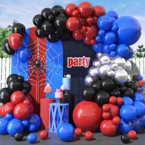 red blue black balloon arch kit, royal blue red black garland kit with metallic silver latex balloon for spiderman theme party boys kids birthday baby shower graduation baseball party decorations