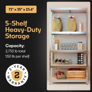 Metalkas Storage Shelves: 5 Storage Shelves Heavy Duty w/ 2,750 lb Total Load Capacity, 550 per Storage Shelf, 71x35x24 Perfect Solution for Your Storage Needs, Adjustable Shelving Unit