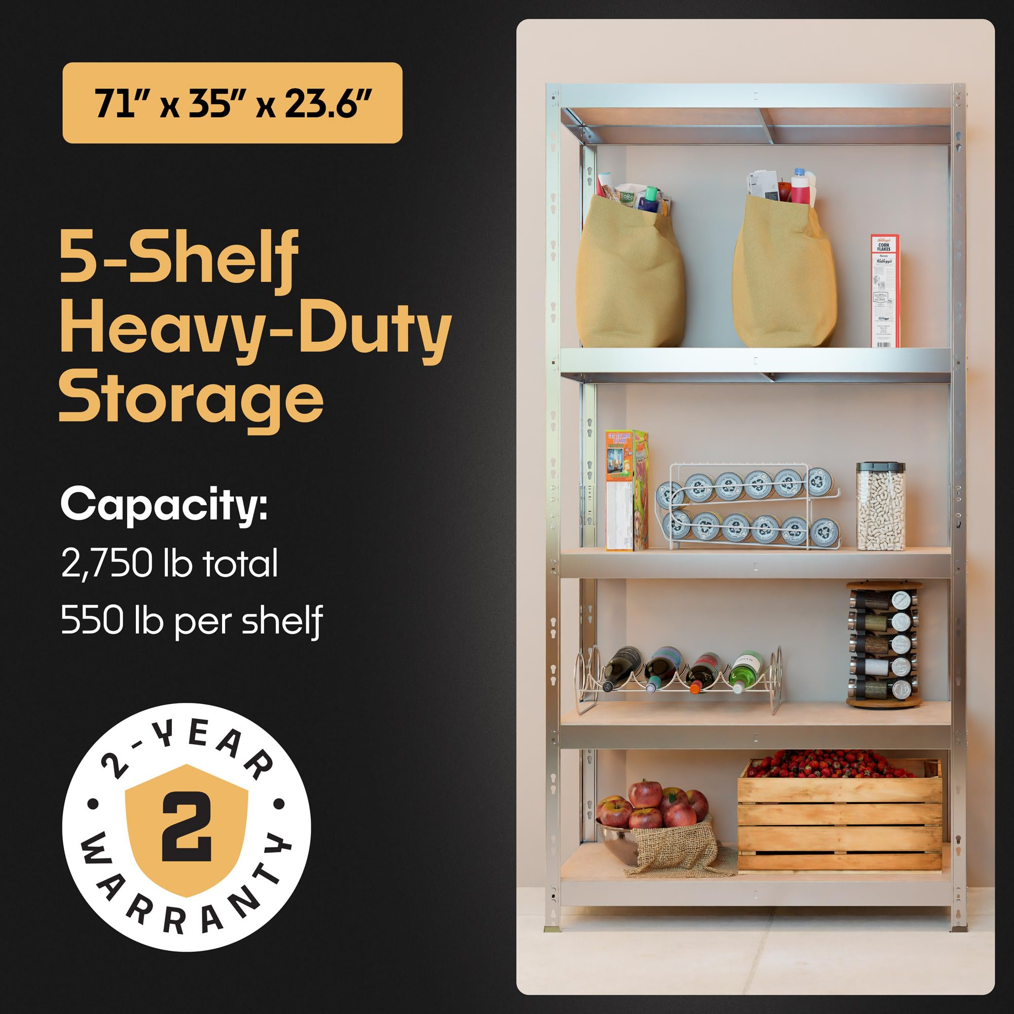 Metalkas Storage Shelves: 5 Storage Shelves Heavy Duty w/ 2,750 lb Total Load Capacity, 550 per Storage Shelf, 71x35x24 Perfect Solution for Your Storage Needs, Adjustable Shelving Unit