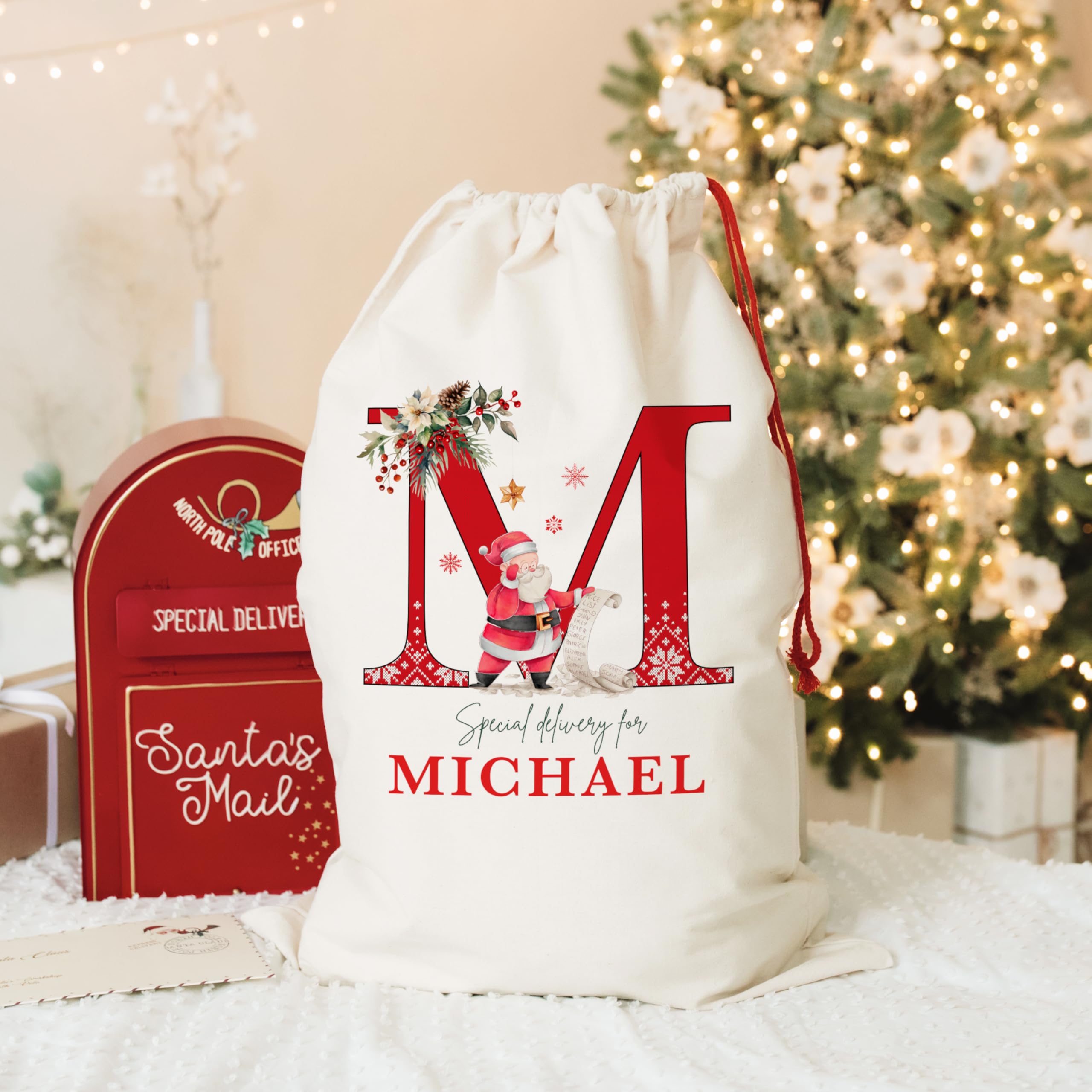 Custom Initial Christmas Santa Sack, Personalized Xmas Gift Pouch, Monogrammed Drawstring Bag