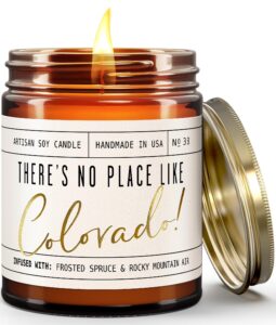 colorado gifts, colorado decor for home - 'there's no place like colorado candle, w/frosted spruce & rocky mountain air i colorado souvenirs i colorado state gifts i 9oz jar, 50hr burn, usa made