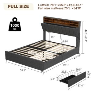 Full Size Bed Frame with Tall Bookcase Headboard and Charging Station, LED Bed Frame with 4 Storage Drawers, Upholstered Platform Bed with Heavy Duty Support Legs, No Box Spring Needed, Dark Grey