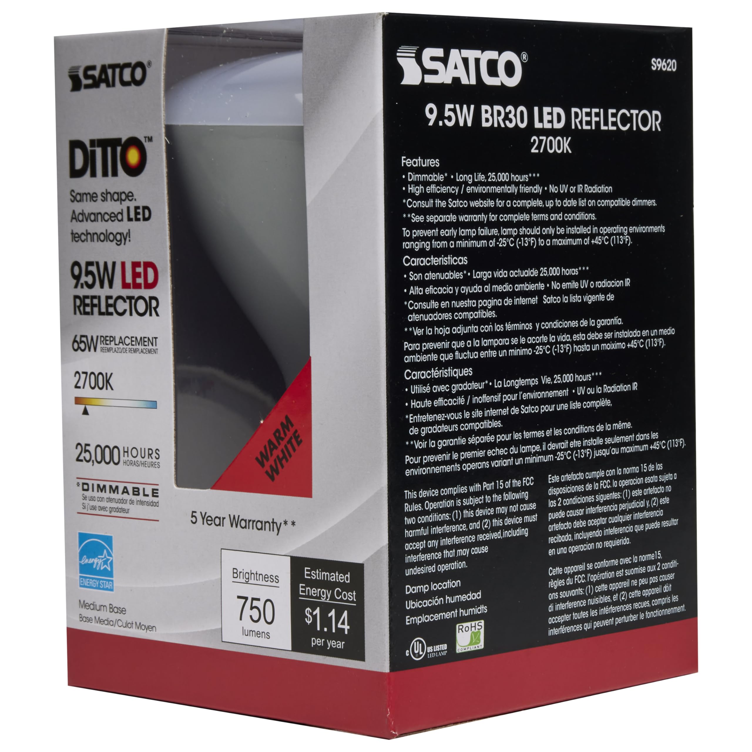 Satco S9620-9.5 Watt; BR30 LED Bulb; 2700K (12 LED Light Bulbs)