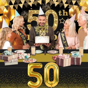 50th Birthday Decorations Men Women with 50th Birthday Banner, Black and Gold Table Cloth, 50 Number Balloons, 50th Birthday Sash, 50th Birthday Cake Topper and 50th Birthday Candles