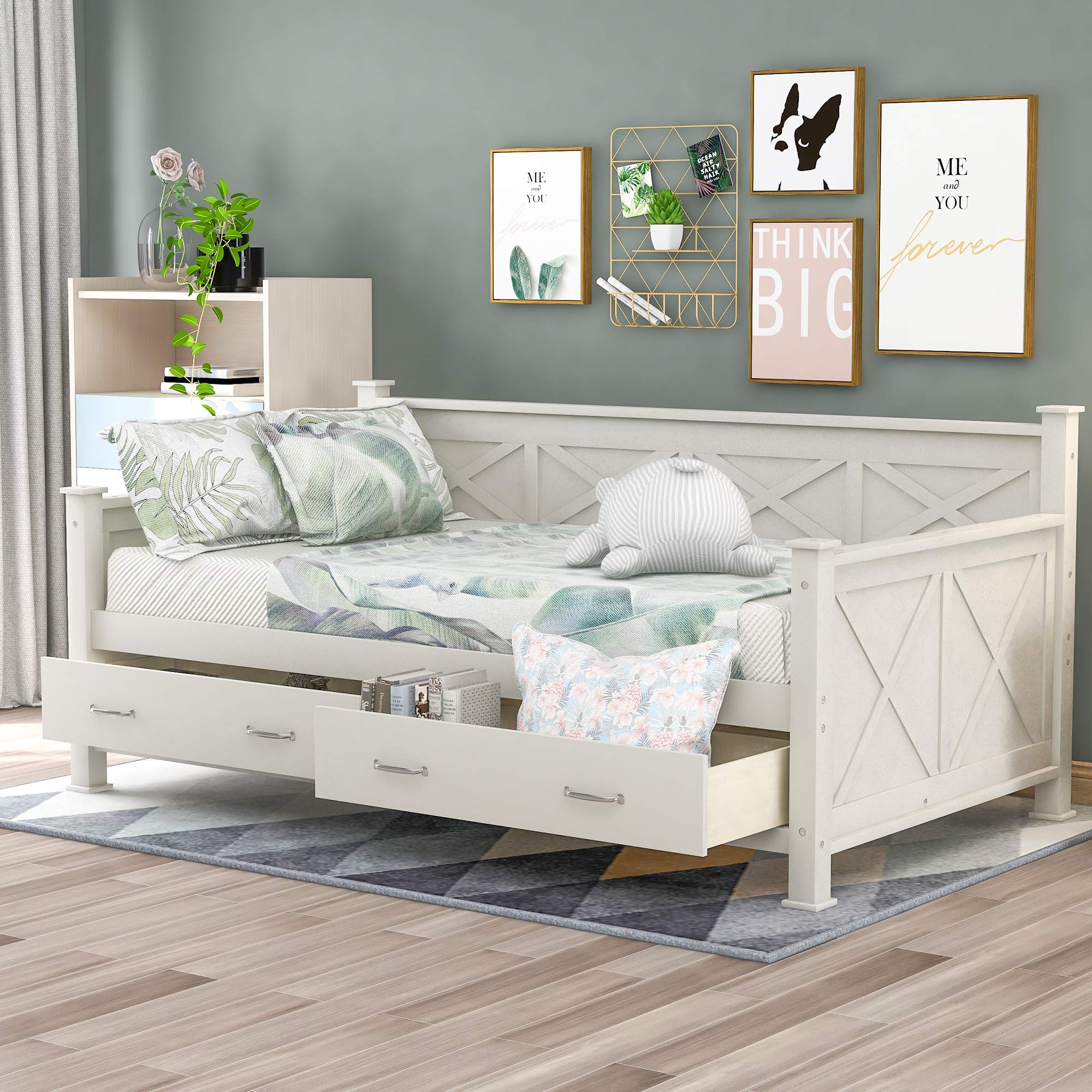 Harper & Bright Designs Twin Size Daybed with 2 Storage Drawers, Wood Twin Sofa Bed X-Shaped Frame, Modern Daybed Frame with Slat Support, Twin Size Bed for Bedroom Living Room (Twin, Cream White)