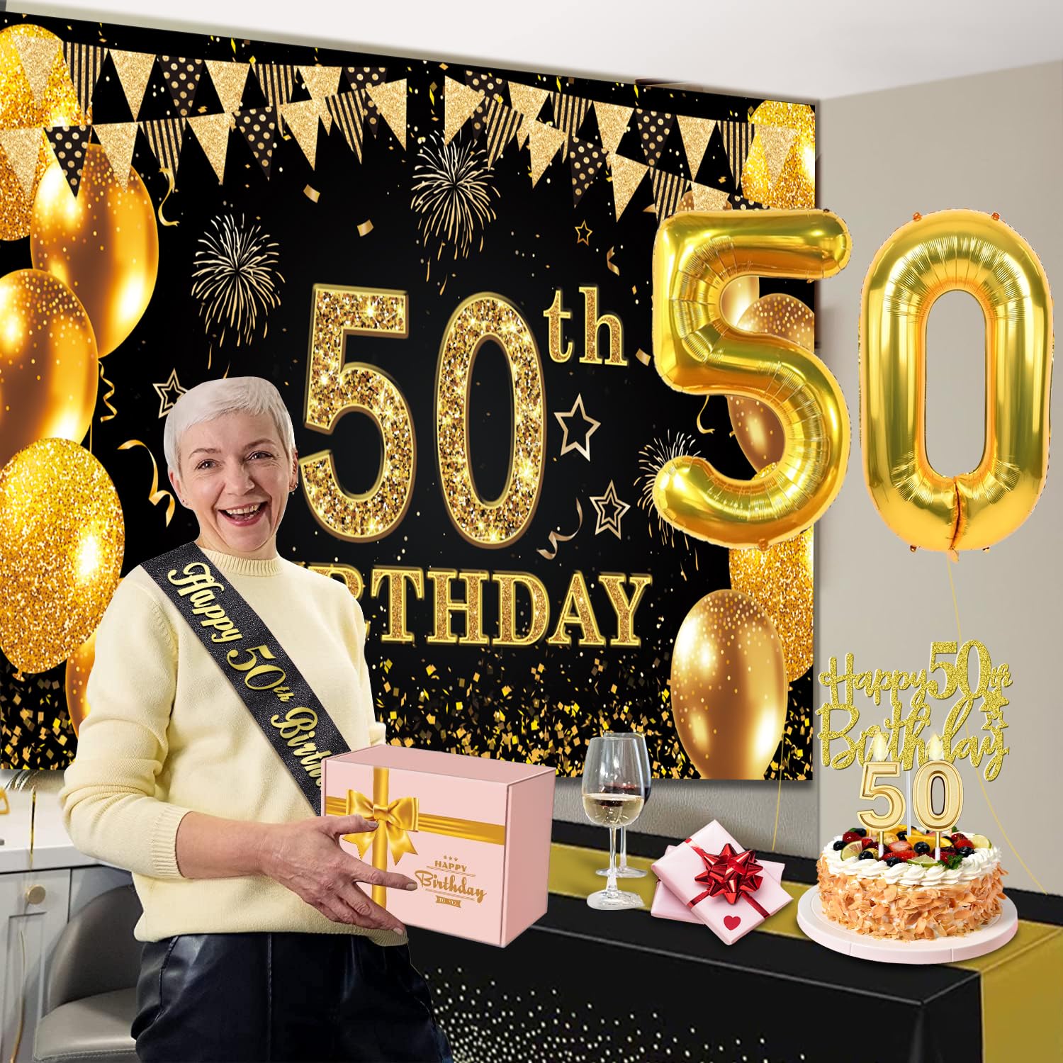 50th Birthday Decorations Men Women with 50th Birthday Banner, Black and Gold Table Cloth, 50 Number Balloons, 50th Birthday Sash, 50th Birthday Cake Topper and 50th Birthday Candles