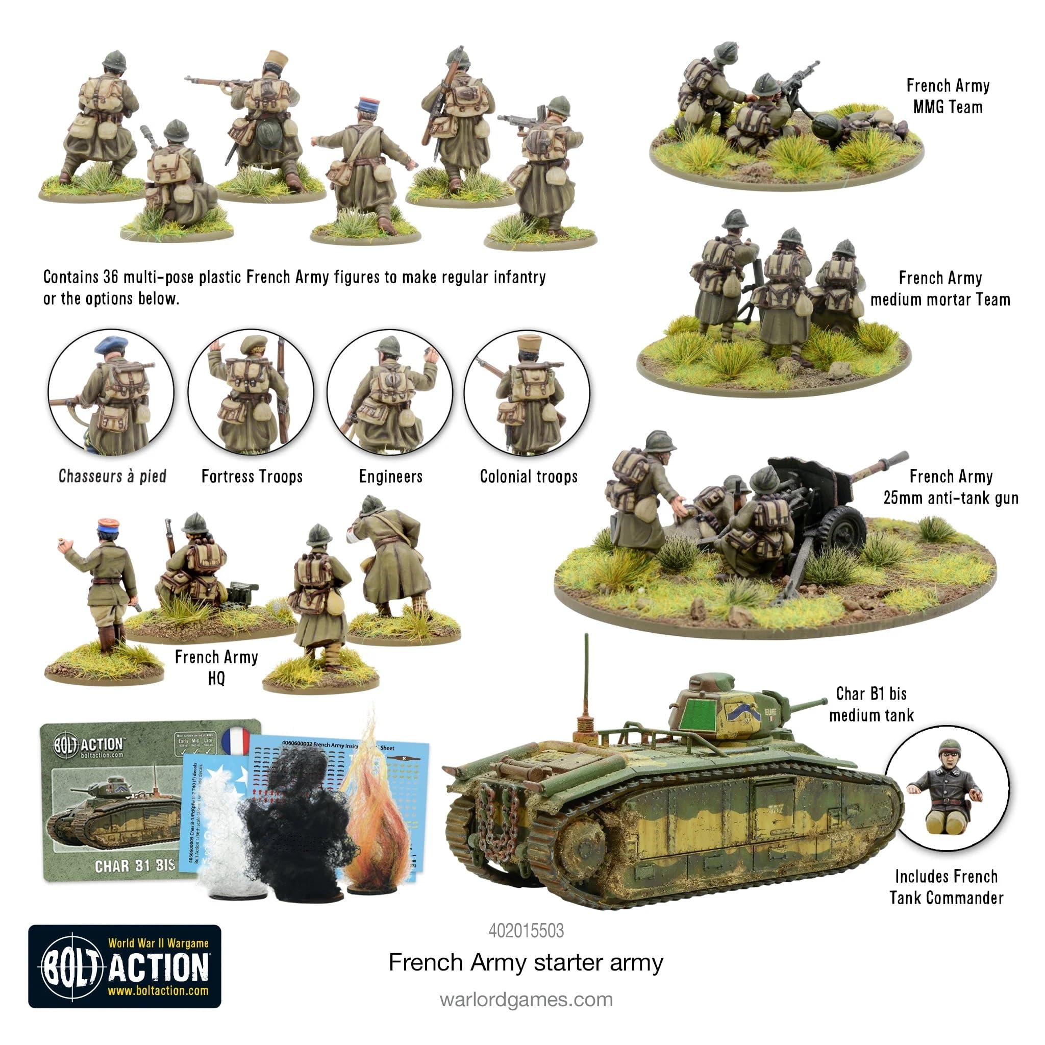 Warlord Bolt Action French Army Starter Army 1:56 Tabletop Miniatures - Plastic Paintable Miniature WWII Soldiers Set, Unpainted Table Top 28mm Military Minifigures for Adults - Gaming Figurines Pack