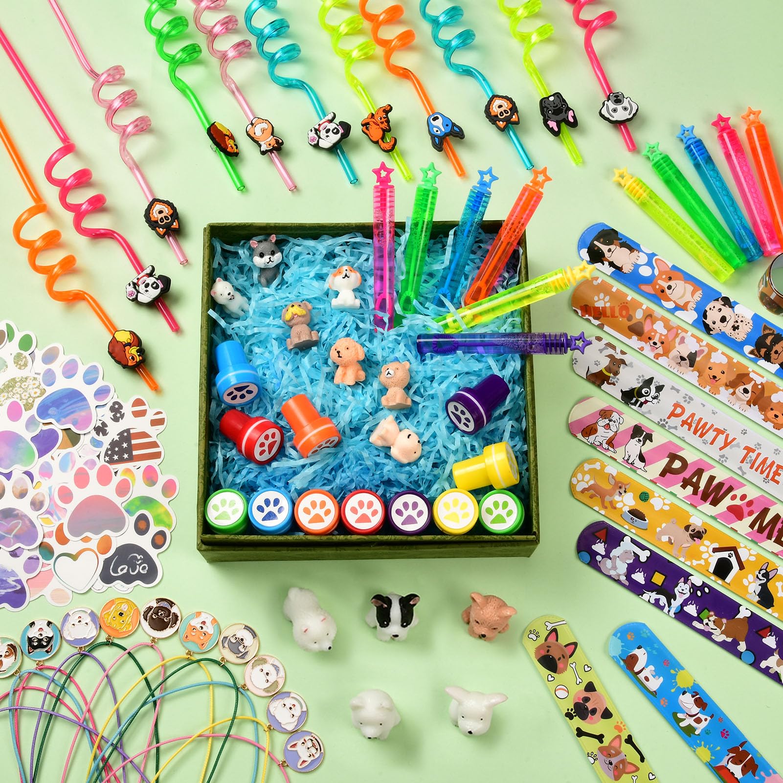 Winrayk 132Pcs Puppy Dog Party Favors Birthday Supplies Straws Dog Figures Necklace Paw Print Stamp Bubble Wand Bracelet Dog Paw Stickers Kids Boys Girls Puppy Party Favors Dog Birthday Party Supplies