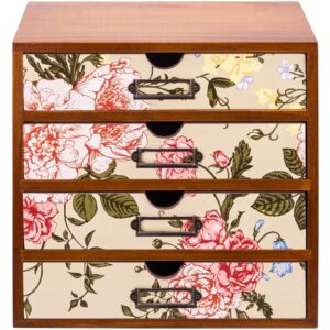 4-drawer vintage desk organizer with jacobean pattern pastel flowers curio drawer dresser, closet, tabletop - 4-tier wood desktop organizing cabinet - victorian floral design